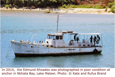 In 2014,  the Edmund Rhoades was photographed in poor condition at anchor in Nkhata Bay, Lake Malawi. Photo: © Kate and Rufus Brand