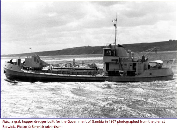 Falo, a grab hopper dredger built for the Government of Gambia in 1967 photographed from the pier at Berwick. Photo: © Berwick Advertiser