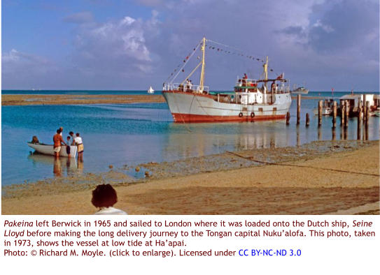 Pakeina left Berwick in 1965 and sailed to London where it was loaded onto the Dutch ship, Seine Lloyd before making the long delivery journey to the Tongan capital Nuku’alofa. This photo, taken in 1973, shows the vessel at low tide at Ha’apai. Photo: © Richard M. Moyle. (click to enlarge). Licensed under CC BY-NC-ND 3.0
