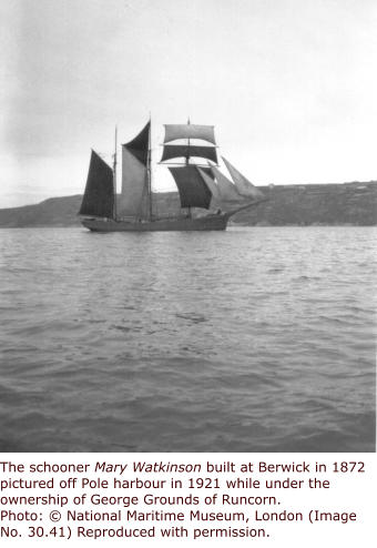 The schooner Mary Watkinson built at Berwick in 1872 pictured off Pole harbour in 1921 while under the ownership of George Grounds of Runcorn. Photo: © National Maritime Museum, London (Image No. 30.41) Reproduced with permission.