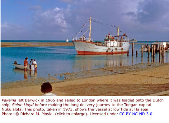 Pakeina left Berwick in 1965 and sailed to London where it was loaded onto the Dutch ship, Seine Lloyd before making the long delivery journey to the Tongan capital Nuku’alofa. This photo, taken in 1973, shows the vessel at low tide at Ha’apai. Photo: © Richard M. Moyle. (click to enlarge). Licensed under CC BY-NC-ND 3.0