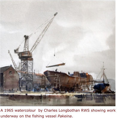 A 1965 watercolour  by Charles Longbothan RWS showing work underway on the fishing vessel Pakeina.