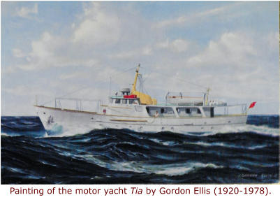 Painting of the motor yacht Tia by Gordon Ellis (1920-1978).
